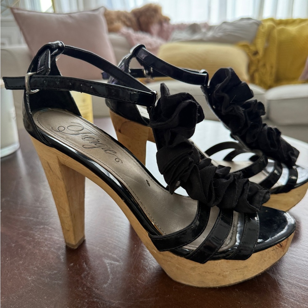 Fergie Ruffled Wood Platform Sandals